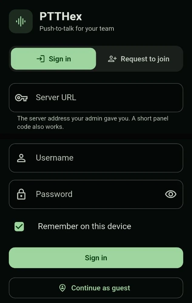 The PTTHex way in: an empty address field with a sign in control under it, and separate choices for asking to join and for continuing as a guest.