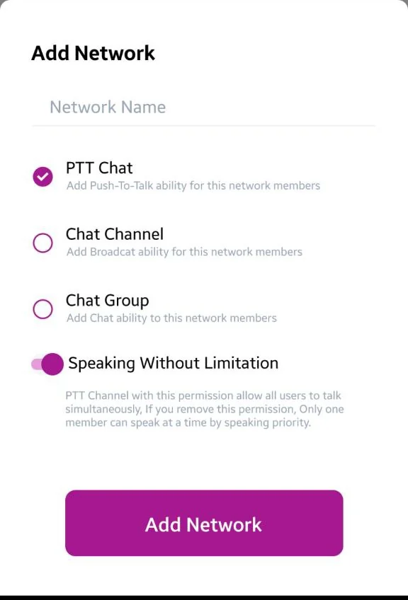 A TellHex sheet for adding a network: a name field, three kinds of network to choose from, and one permission underneath with the product's own note explaining what it changes.