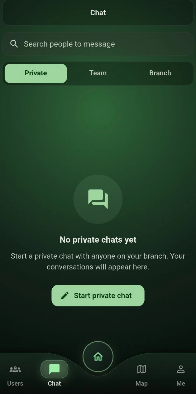 The PTTHex messages screen: a list of conversations, each with the last message under its heading, and a control for starting a new one.