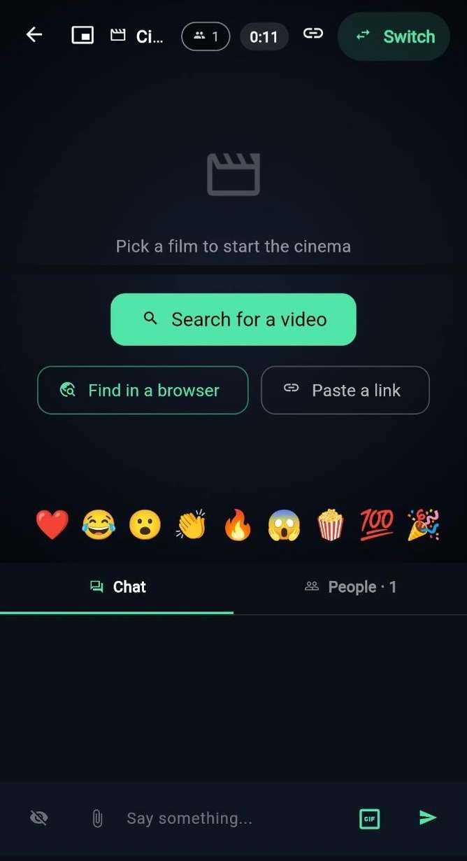 A RoomHex cinema before a film is picked, offering a search, a browser and a link, with a row of reactions and a chat under it.