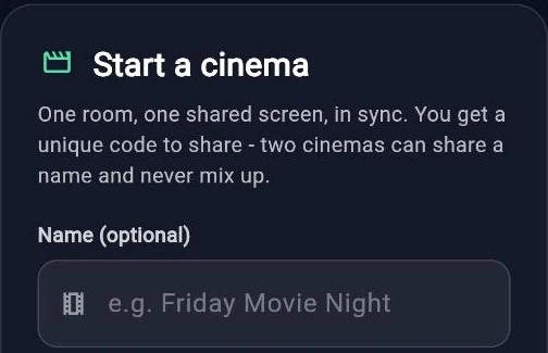 The RoomHex cinema screen: a card for starting a cinema room, with a name field and the control that opens it.