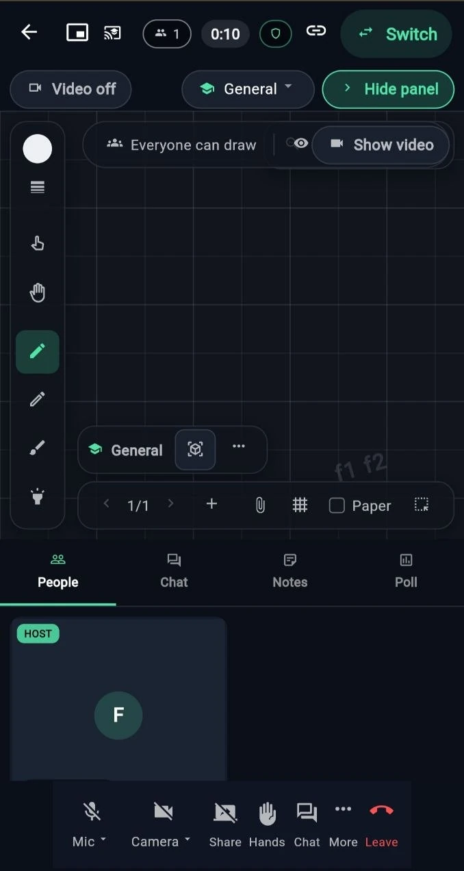 A live RoomHex classroom: drawing tools down the left, a shared board in the middle, tabs for people, chat, notes and a poll under it, and the room controls along the bottom.
