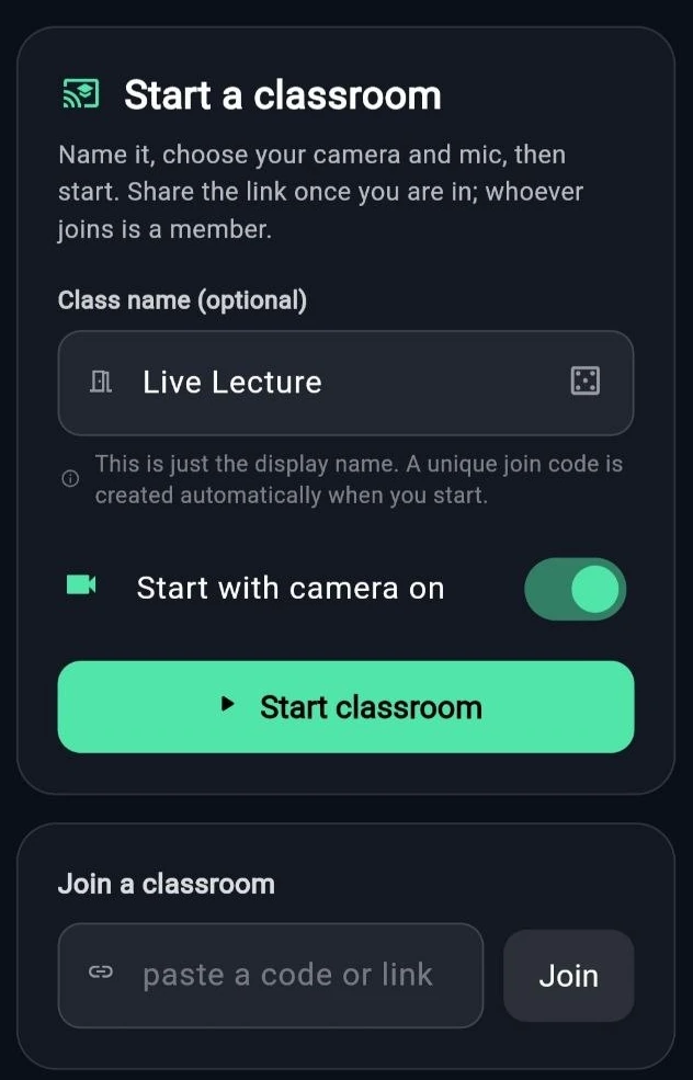The RoomHex classroom screen: a card for starting a class with a name and a camera choice, and a card under it for joining one with a code or a link.