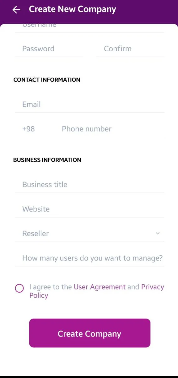 A TellHex form for creating a company, with every field empty: contact details, business details, and the agreement that has to be accepted before the company is made.