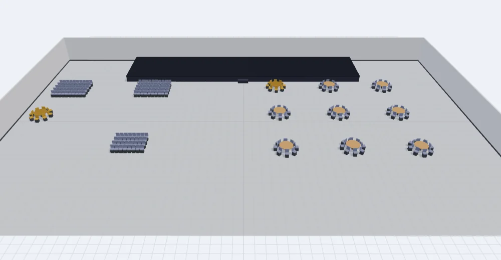 A ManageHex room view: a stage across one end, three banks of seating in front of it, and nine round tables laid out on the floor beside them, all drawn in three dimensions.