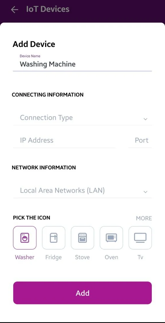 A TellHex screen for adding a device: a name field with a washing machine typed into it, fields for the connection and the network it is on, a row of device icons with the washer picked, and the control that adds it.