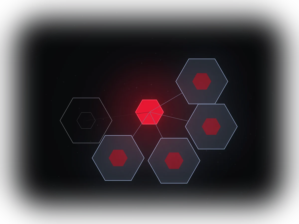 Four lit hexagonal places set close together around a shared centre, with a fifth place left open and unlit beside them.