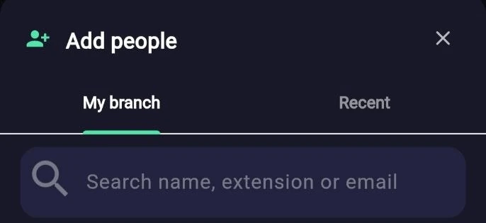 The add-people control in RoomHex: a search field over an empty result area, with the choices for searching by name, extension or email above it.
