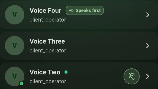 Three entries from the PTTHex people list, each showing a role and whether that person is reachable on the channel.