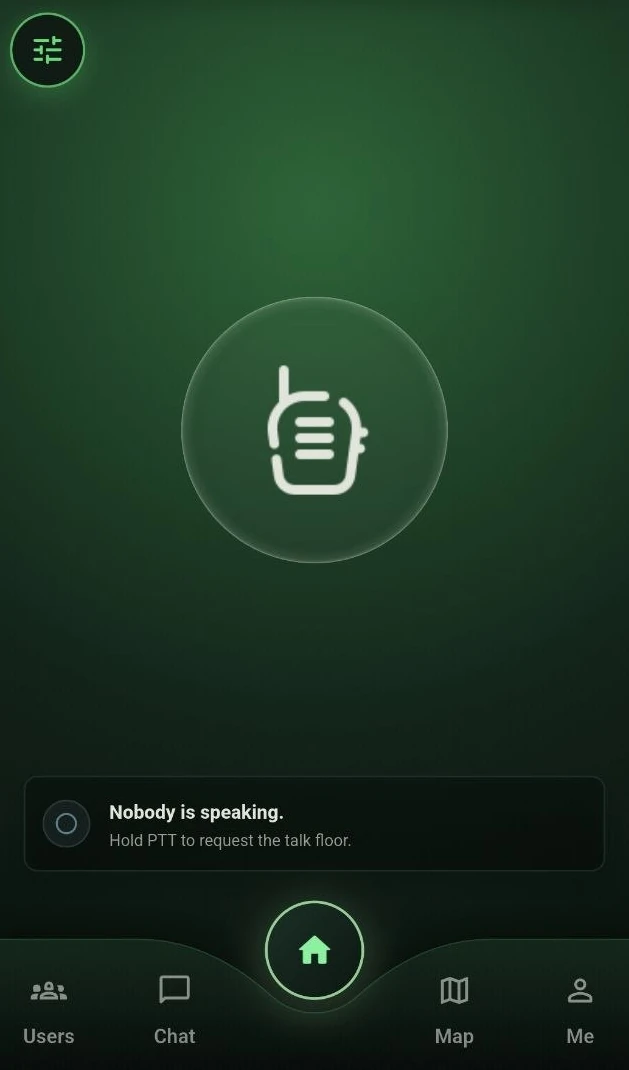 The PTTHex talk screen: one large push to talk control in the middle, a line under it reading that nobody is speaking, and the four areas of the product along the bottom.