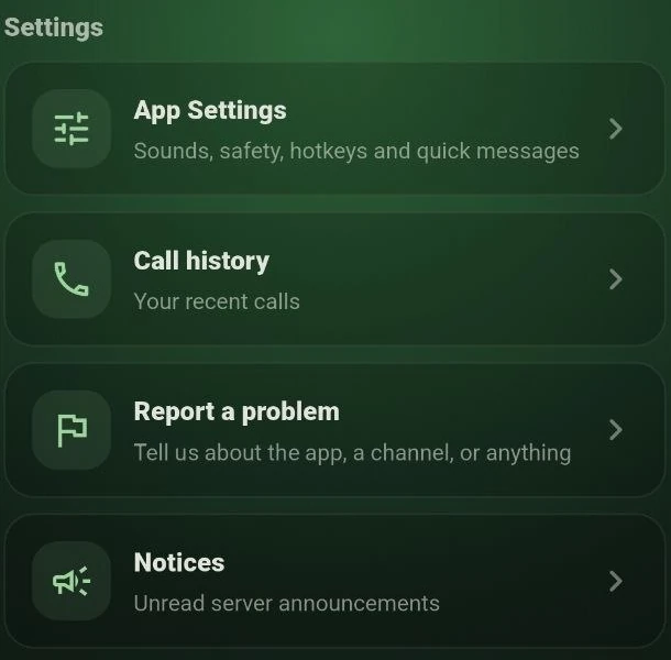 The PTTHex account screen: a list of settings covering sounds, hotkeys, recent calls and reporting a problem.